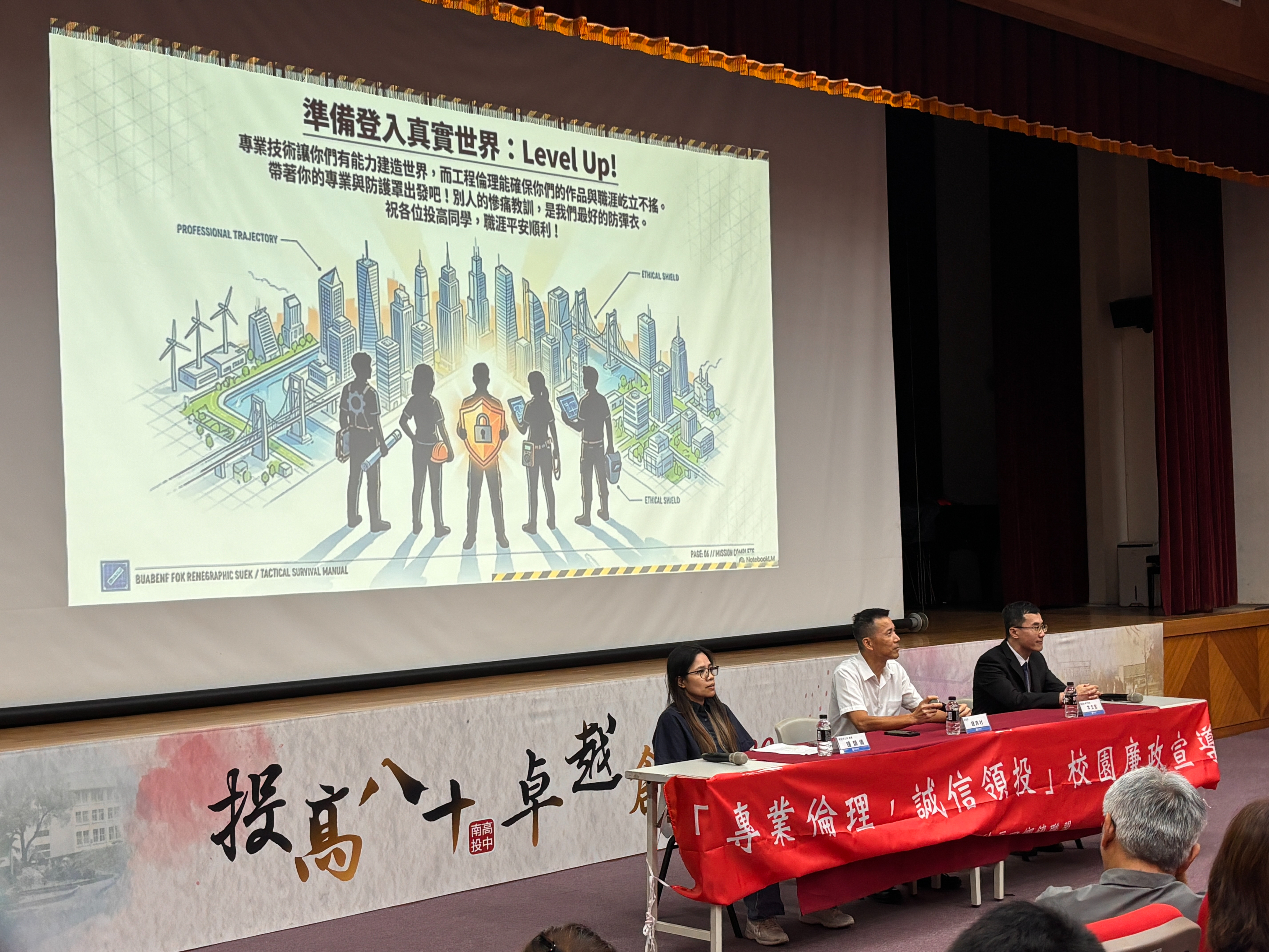 廉政志工助陣青年誠信起跑 南投三公所合辦工程廉政講習 於課後辦理座談，學生及廉政志工踴躍參與